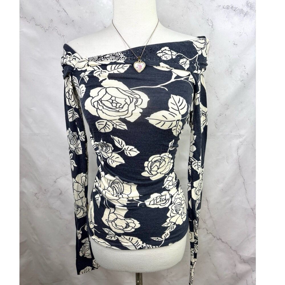 Vtg Y2k  Blumarine Italy Floral Off Shoulder Top blouse Bling Indie Sleaze S
